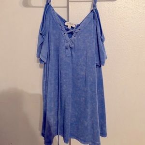 blue off the shoulder dressy shirt